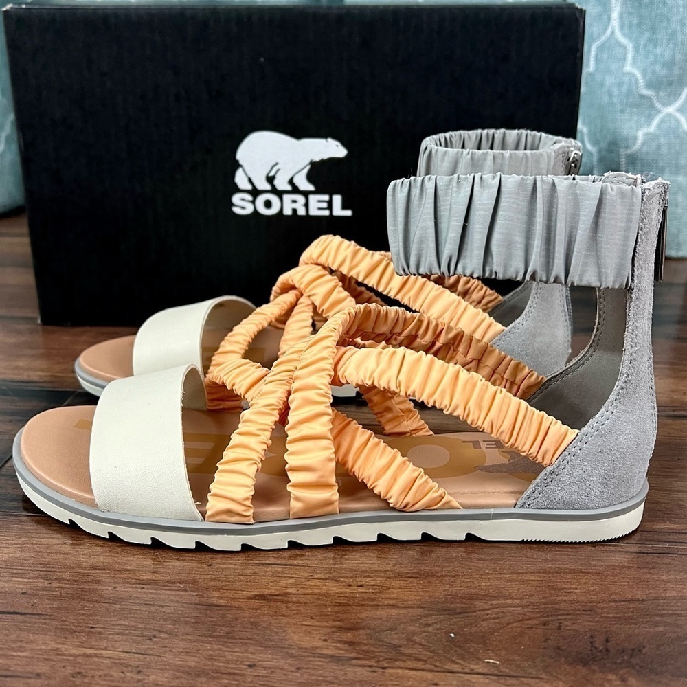 NIB - SOREL Ella II Comfort Ruched Strappy Sandals - Chrome Grey - Size 8.5 - Picture 2 of 9